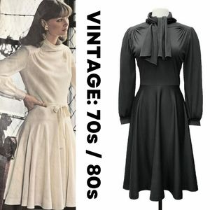 VINTAGE 70s 80s Black Pleated Sleeve Dress
